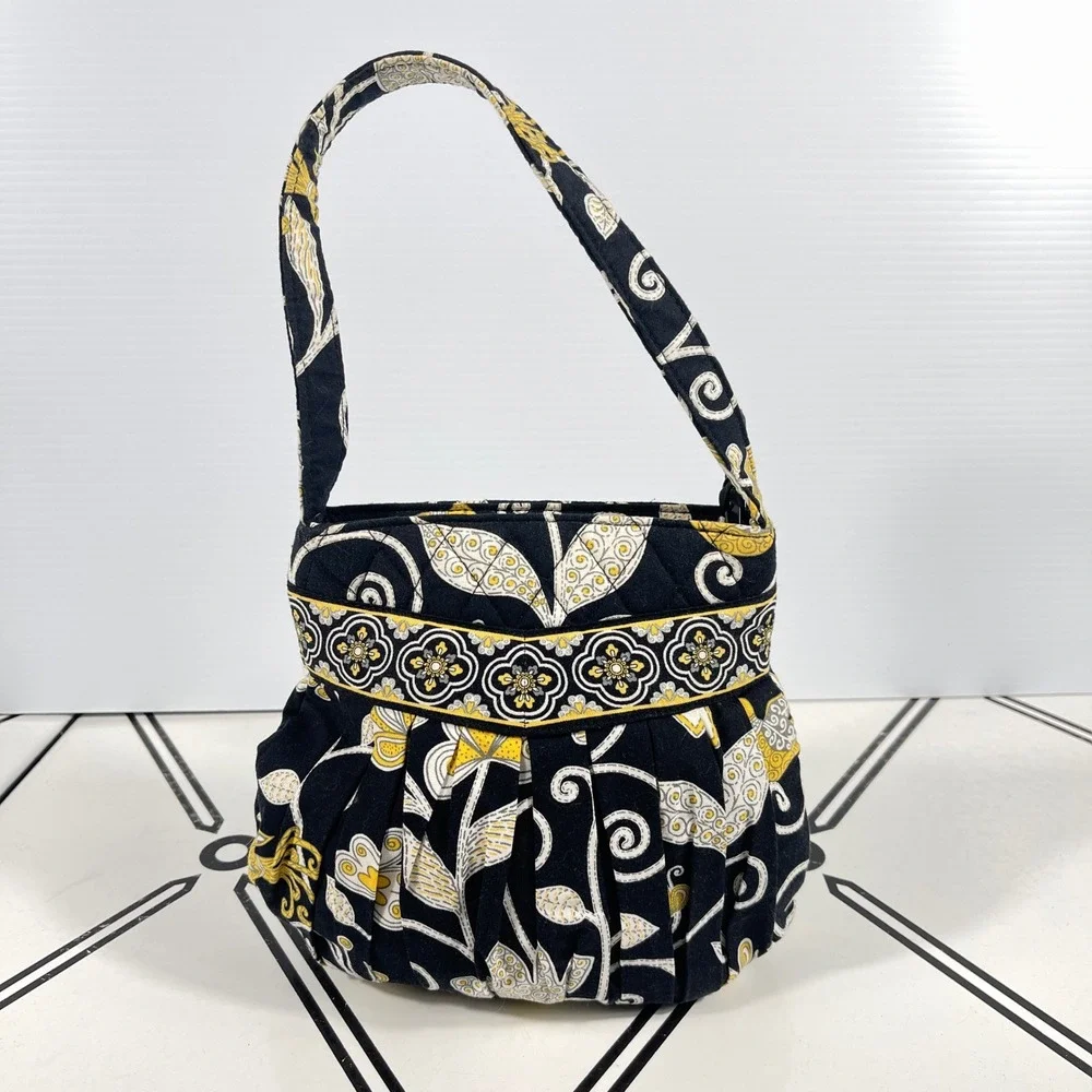 Vera Bradley‎ Night Owl Pleated Hobo Shoulder Bag Black Yellow Quilted Floral